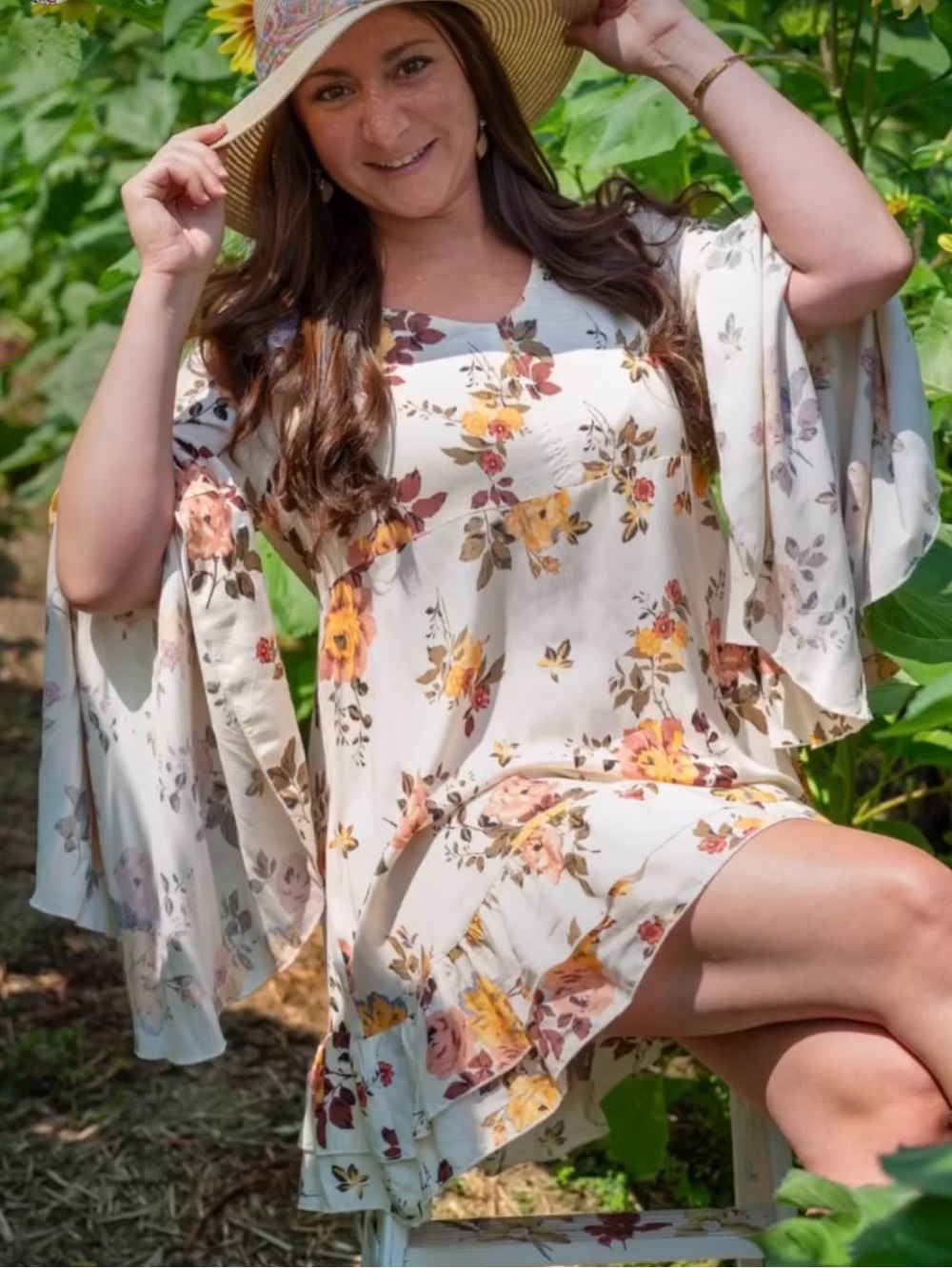 Bucketlist Fall Floral Bell Sleeve Boho Dress Cream Flowers Large
